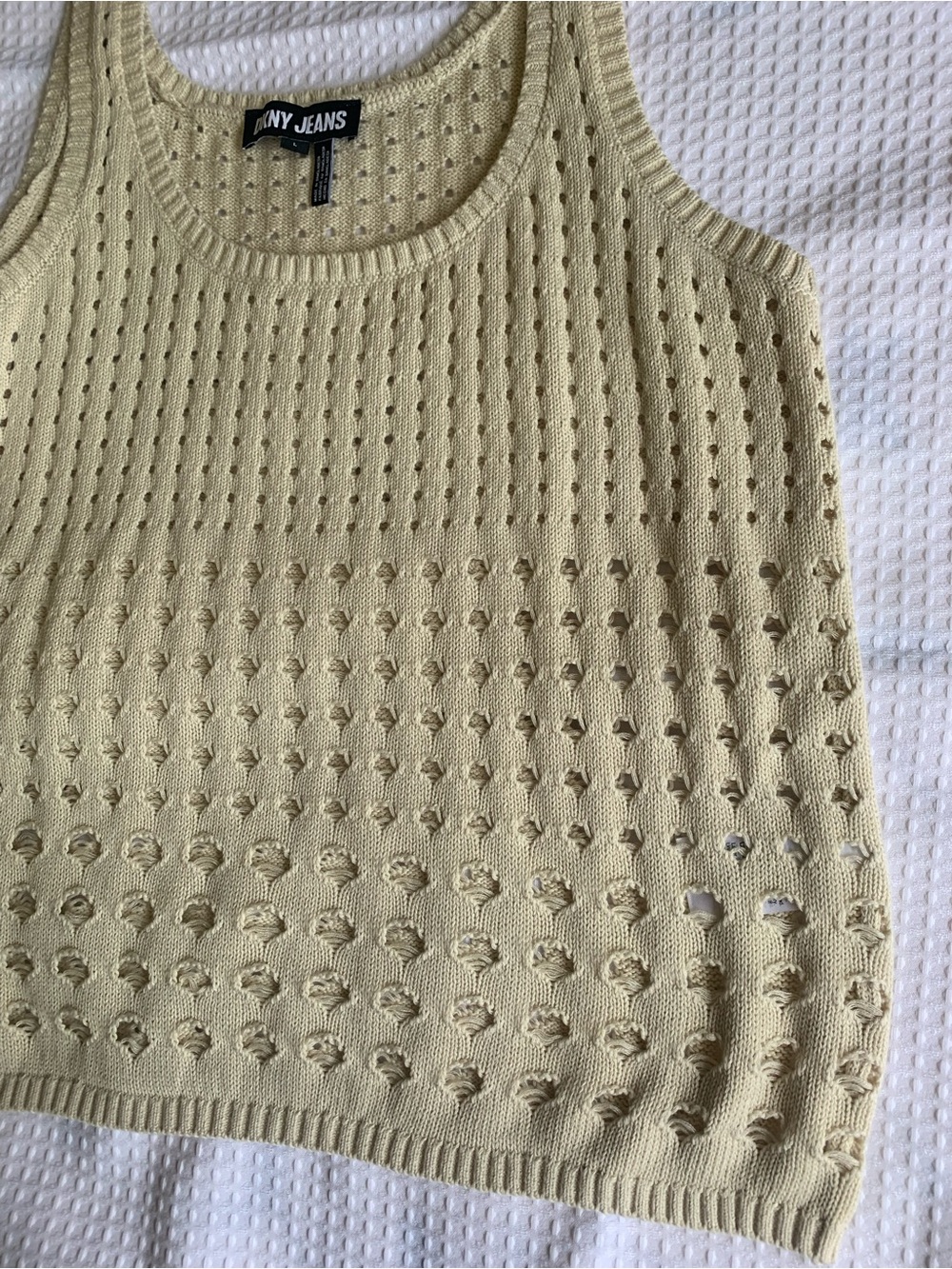 DKNY Cream Cotton Open knit eyelet lightweight coastal Festival Sweater Tank L - Picture 4 of 9